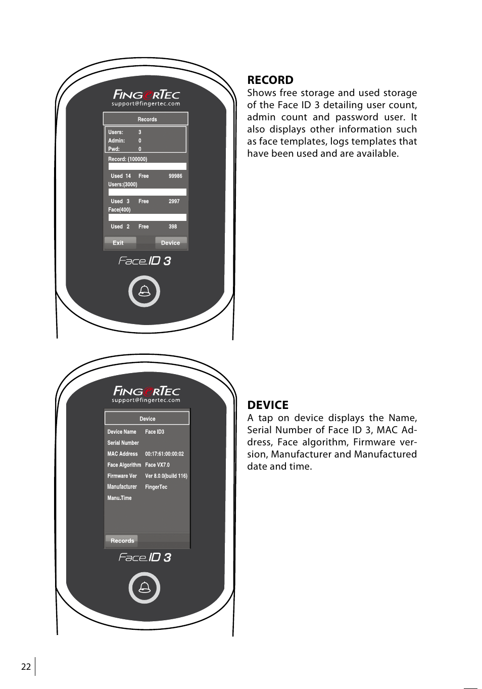 Record, Device | FingerTec Face ID 3 Manual User Manual | Page 22 / 35