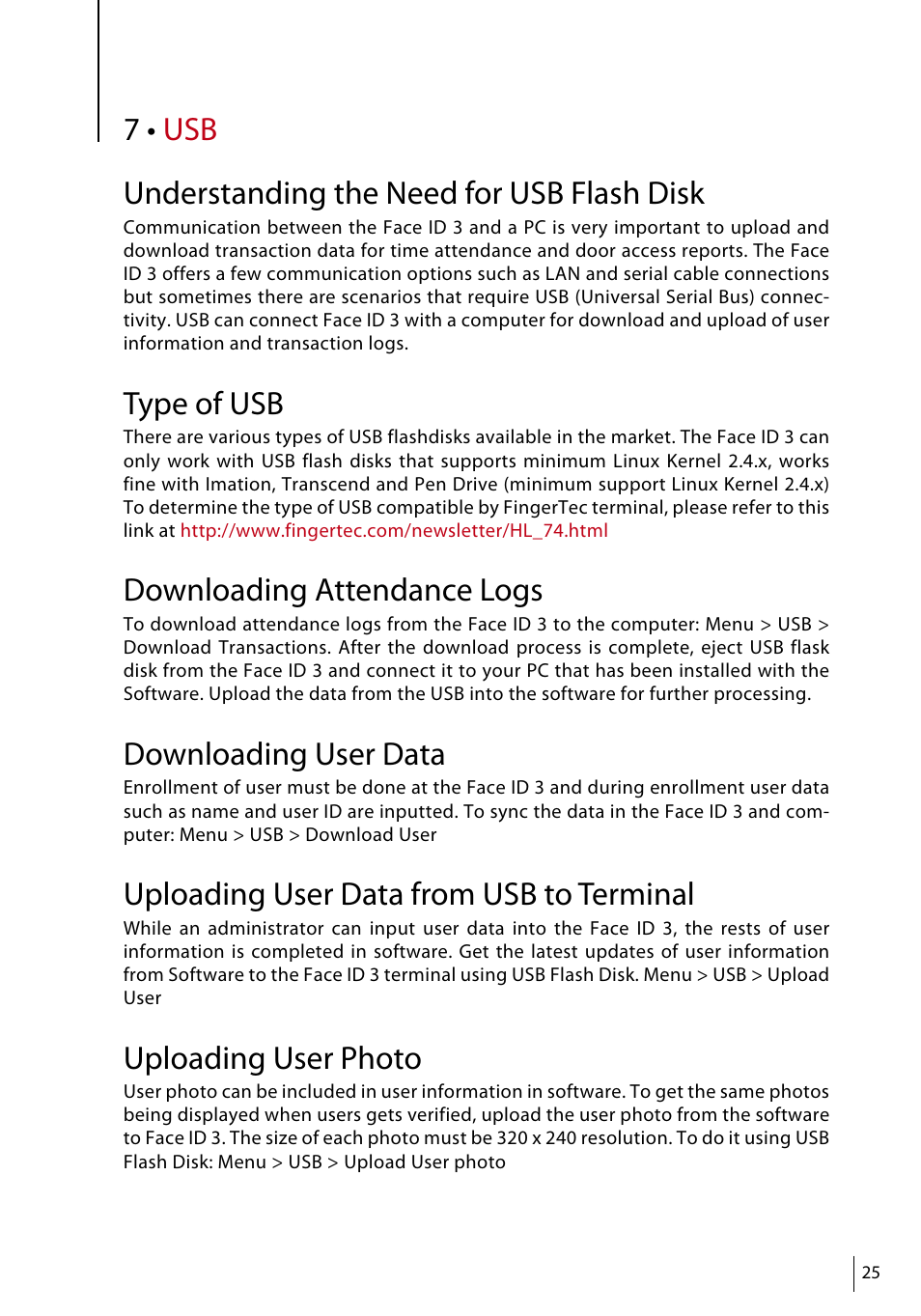 Understanding the need for usb flash disk, Type of usb, Downloading attendance logs | Downloading user data, Uploading user data from usb to terminal, Uploading user photo | FingerTec Face ID 3 Manual User Manual | Page 25 / 35