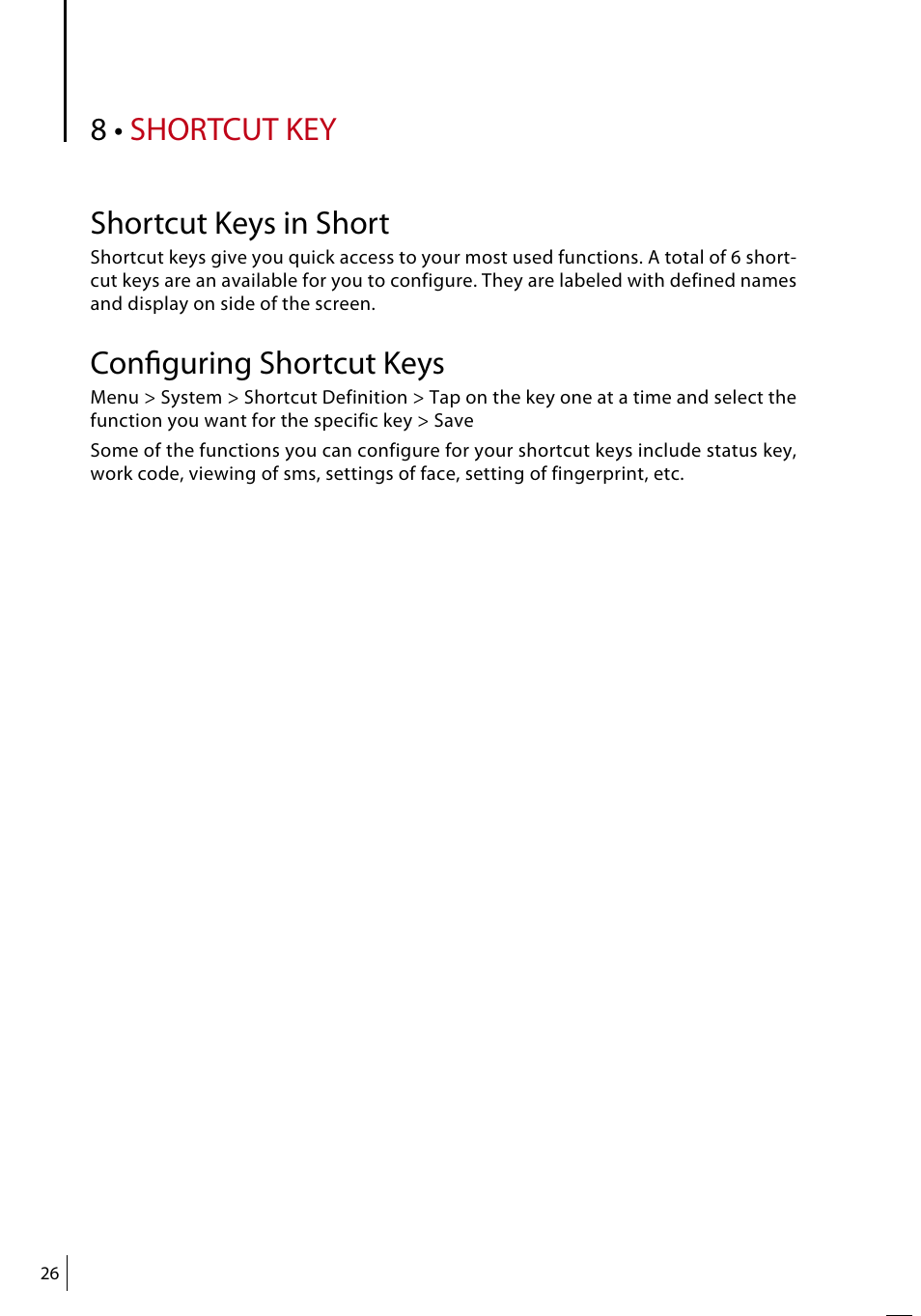8 • shortcut key, Shortcut keys in short, Configuring shortcut keys | FingerTec Face ID 3 Manual User Manual | Page 26 / 35