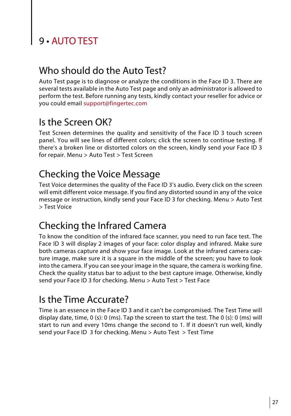 9 • auto test, Who should do the auto test, Is the screen ok | Checking the voice message, Checking the infrared camera, Is the time accurate | FingerTec Face ID 3 Manual User Manual | Page 27 / 35