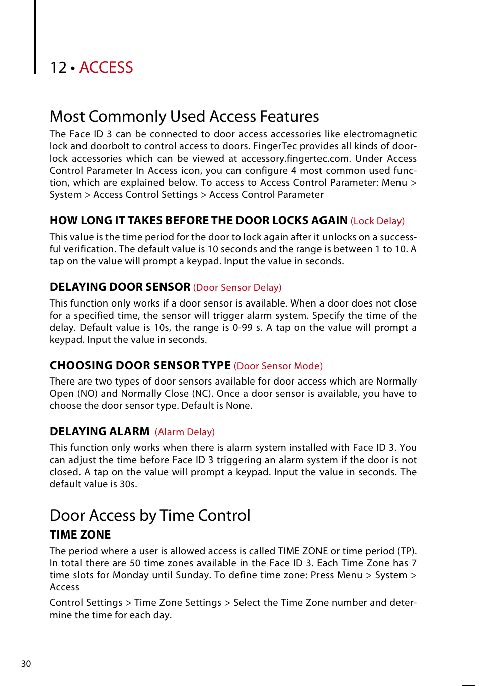 12 • access, Most commonly used access features, Door access by time control | FingerTec Face ID 3 Manual User Manual | Page 30 / 35