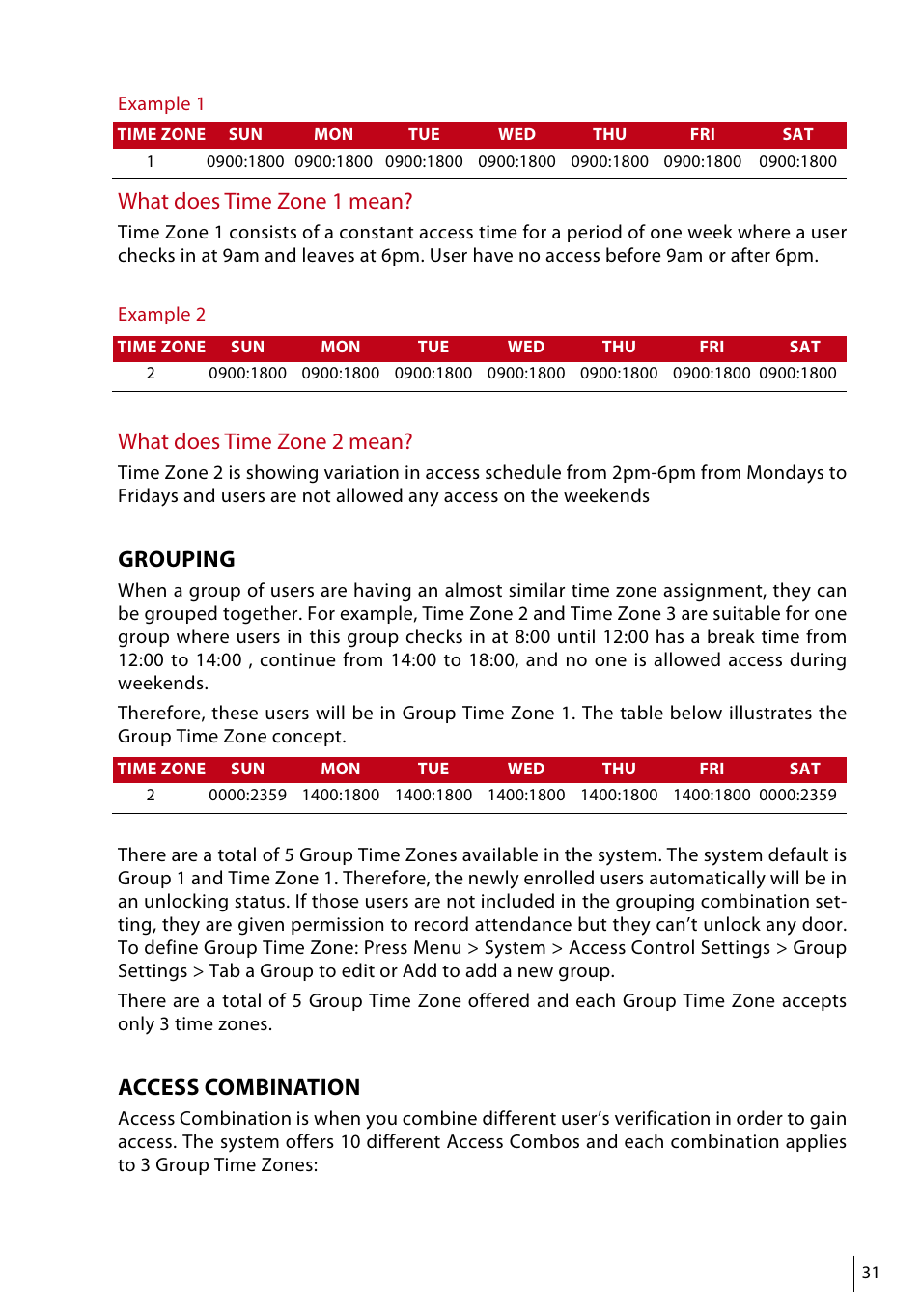 What does time zone 1 mean, What does time zone 2 mean, Grouping | Access combination | FingerTec Face ID 3 Manual User Manual | Page 31 / 35