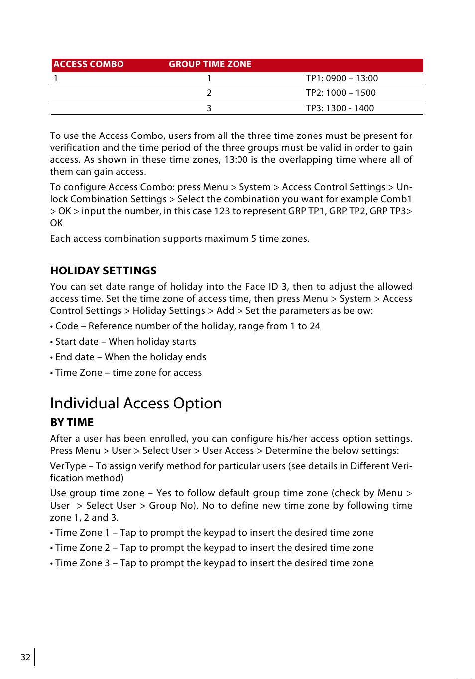 Individual access option, Holiday settings, By time | FingerTec Face ID 3 Manual User Manual | Page 32 / 35