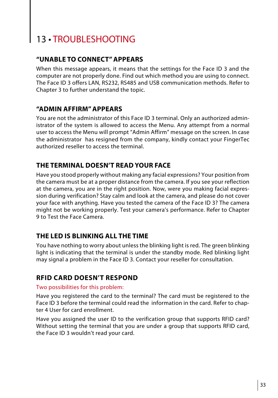 1 • troubleshooting | FingerTec Face ID 3 Manual User Manual | Page 33 / 35