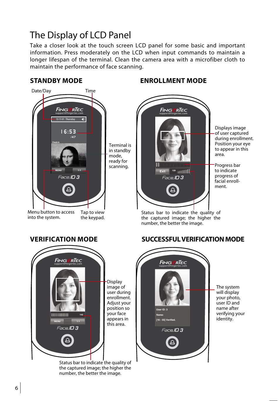 The display of lcd panel | FingerTec Face ID 3 Manual User Manual | Page 6 / 35
