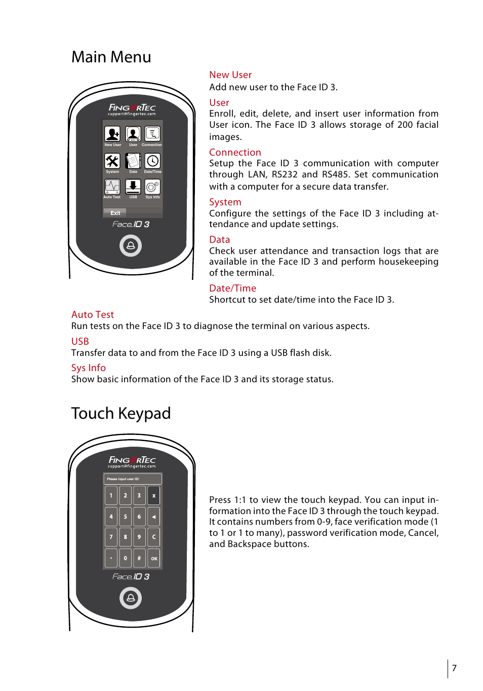 Main menu, Touch keypad | FingerTec Face ID 3 Manual User Manual | Page 7 / 35
