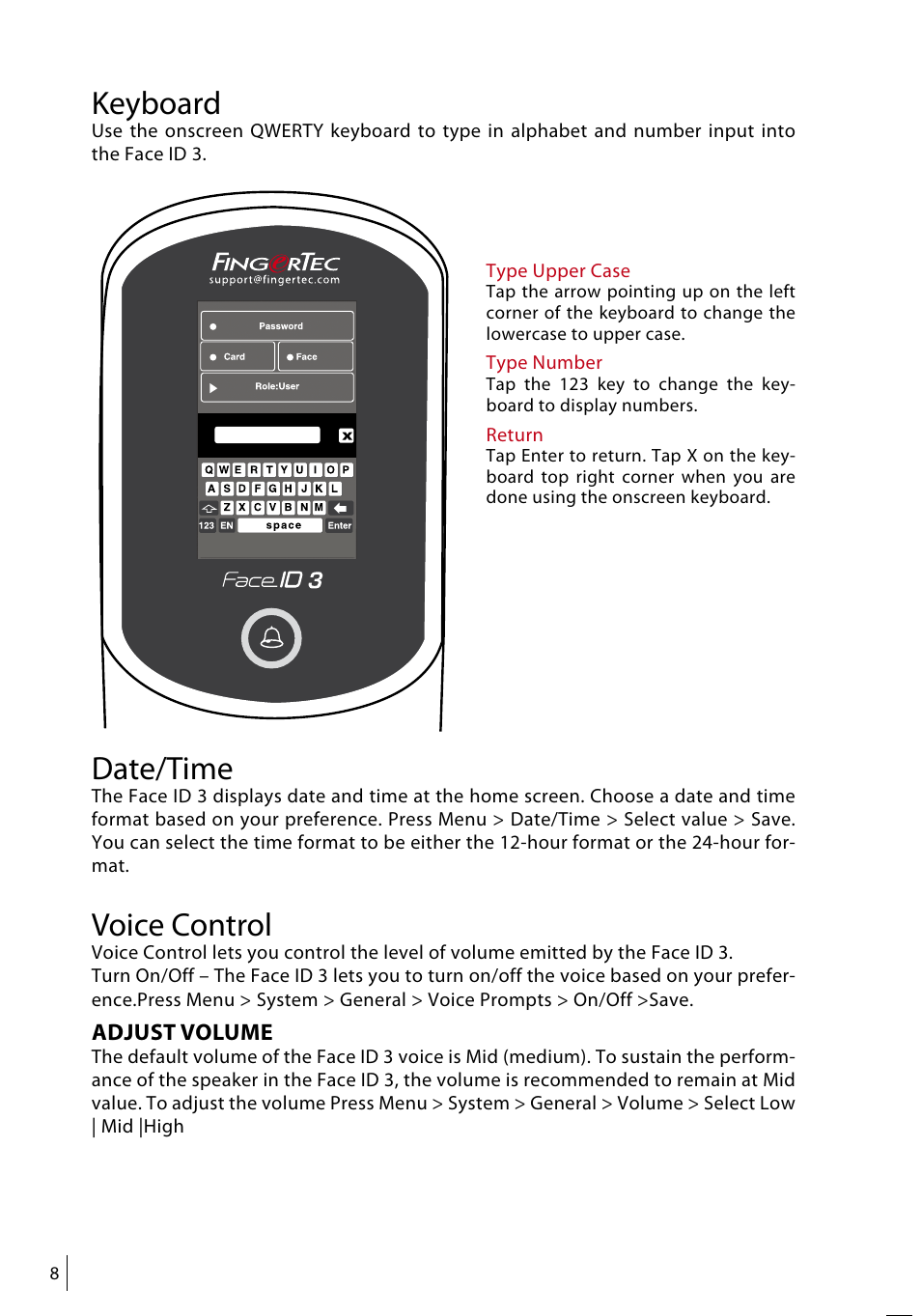 Keyboard, Date/time, Voice control | FingerTec Face ID 3 Manual User Manual | Page 8 / 35