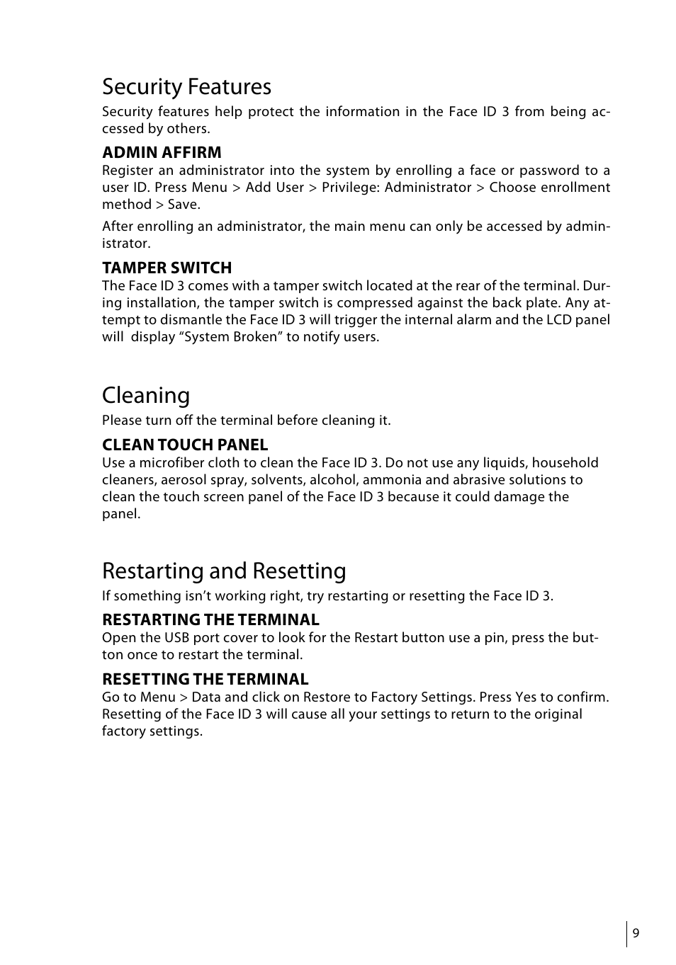 Security features, Cleaning, Restarting and resetting | FingerTec Face ID 3 Manual User Manual | Page 9 / 35