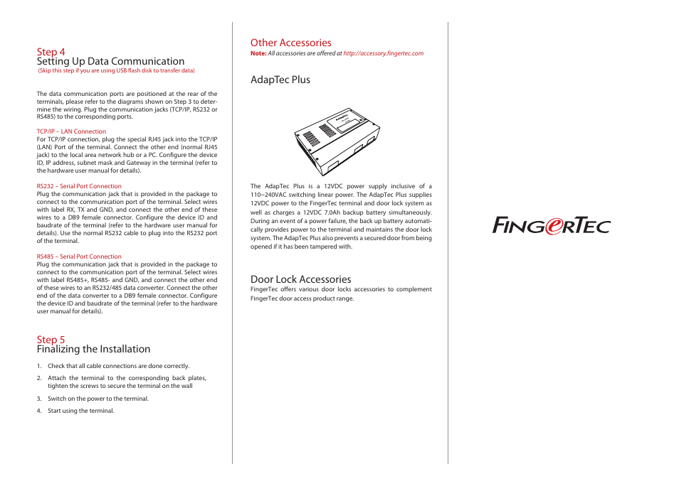 Step 4 setting up data communication, Step 5 finalizing the installation, Other accessories | Adaptec plus, Door lock accessories | FingerTec Face ID 3 Installation Guide User Manual | Page 2 / 3