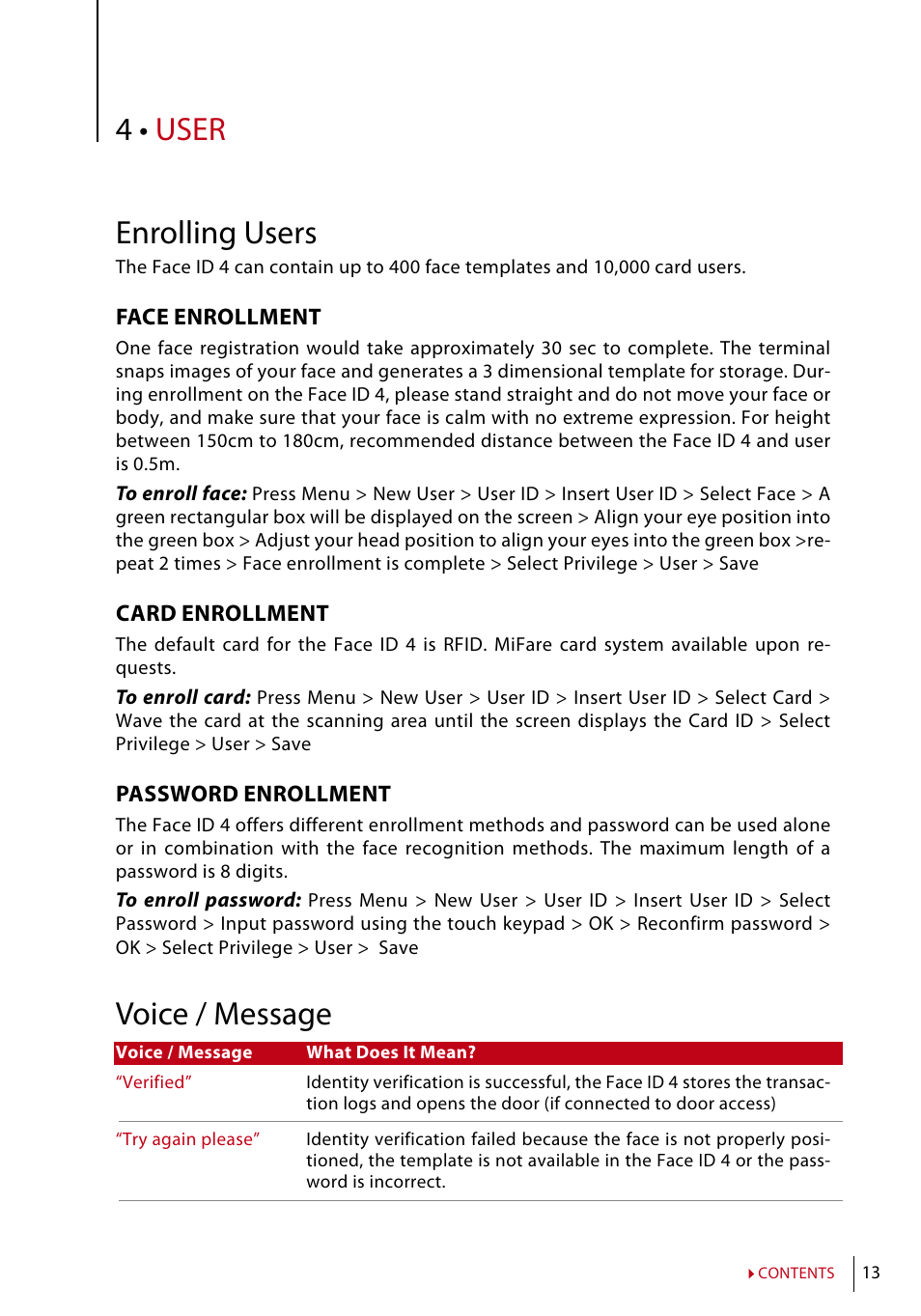 User enrolling users, Voice / message | FingerTec Face ID 4 Manual User Manual | Page 13 / 28