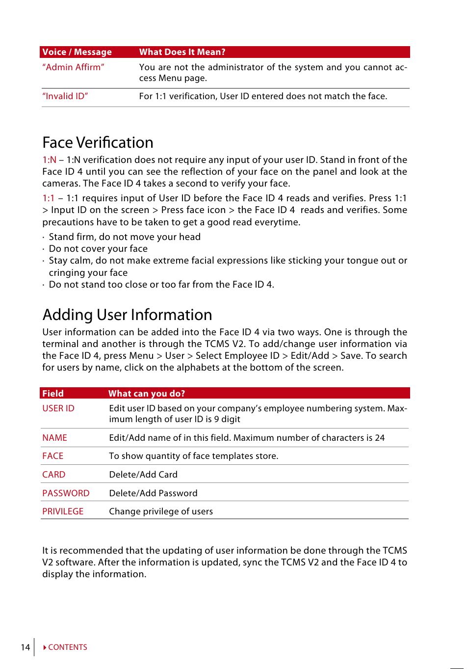 Face verification, Adding user information | FingerTec Face ID 4 Manual User Manual | Page 14 / 28