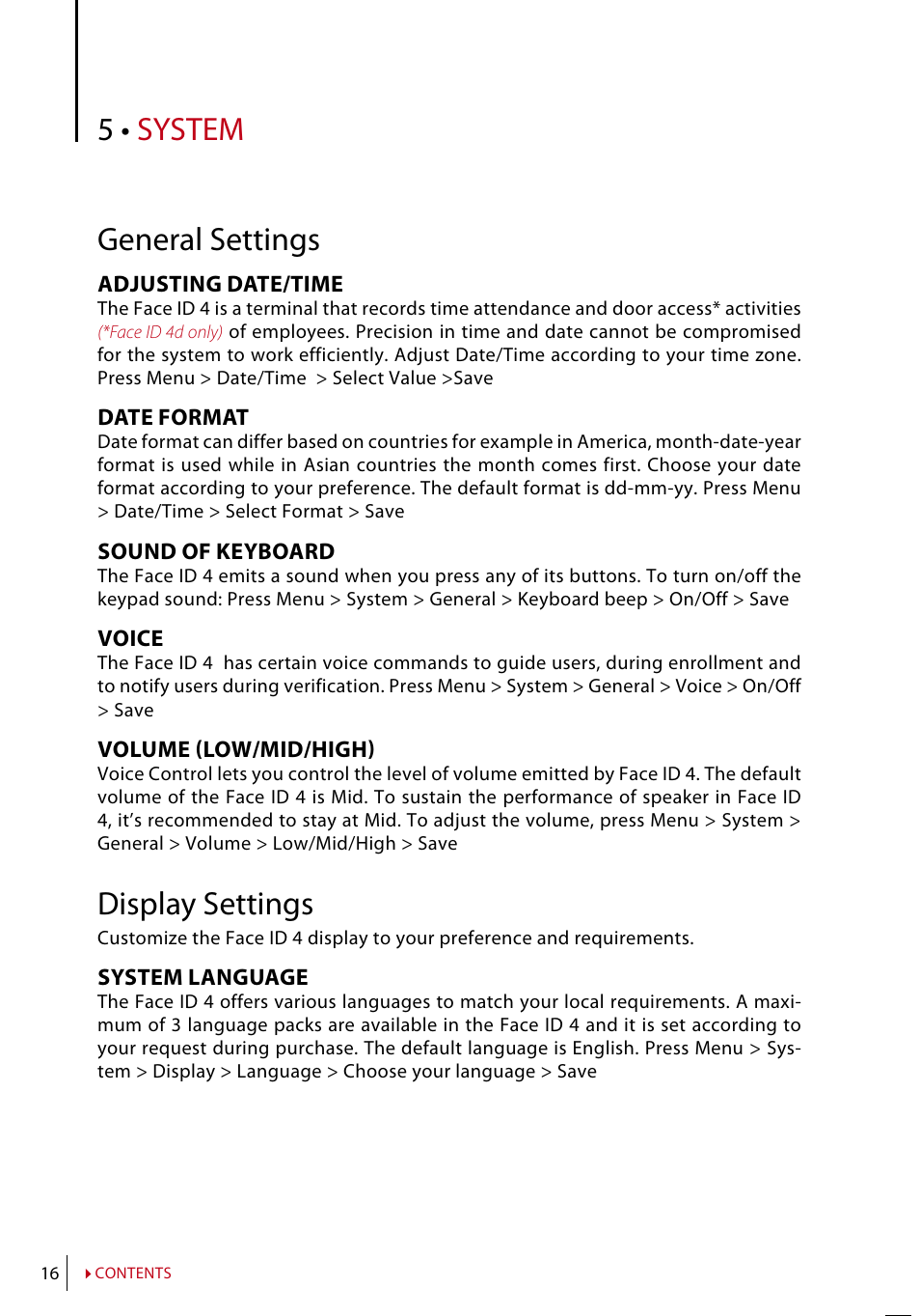 5 • system, General settings, Display settings | FingerTec Face ID 4 Manual User Manual | Page 16 / 28