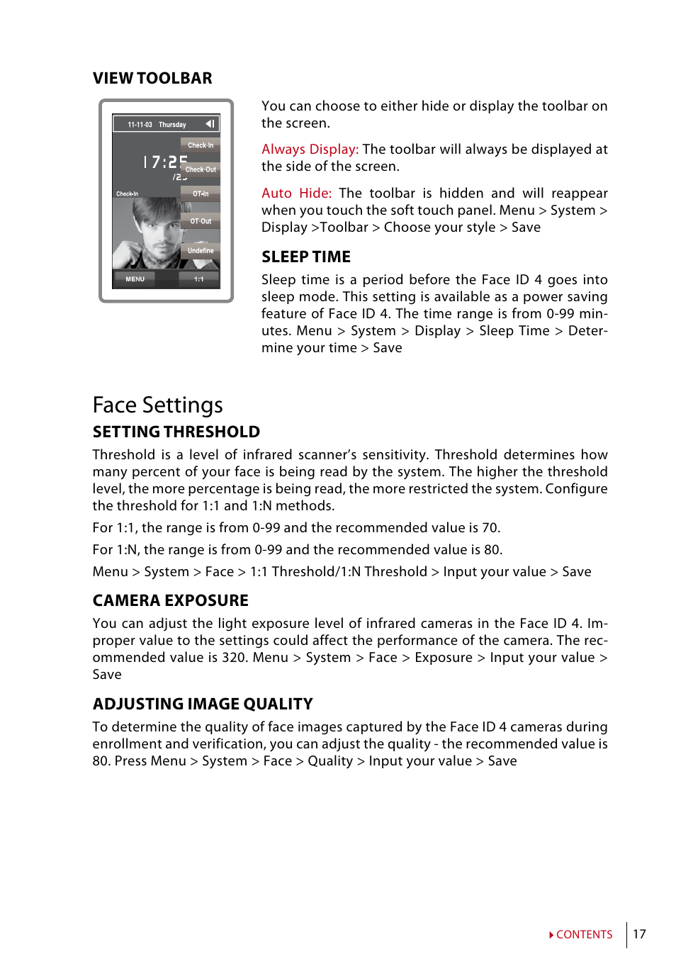 Face settings, View toolbar, Sleep time | Setting threshold, Camera exposure, Adjusting image quality | FingerTec Face ID 4 Manual User Manual | Page 17 / 28