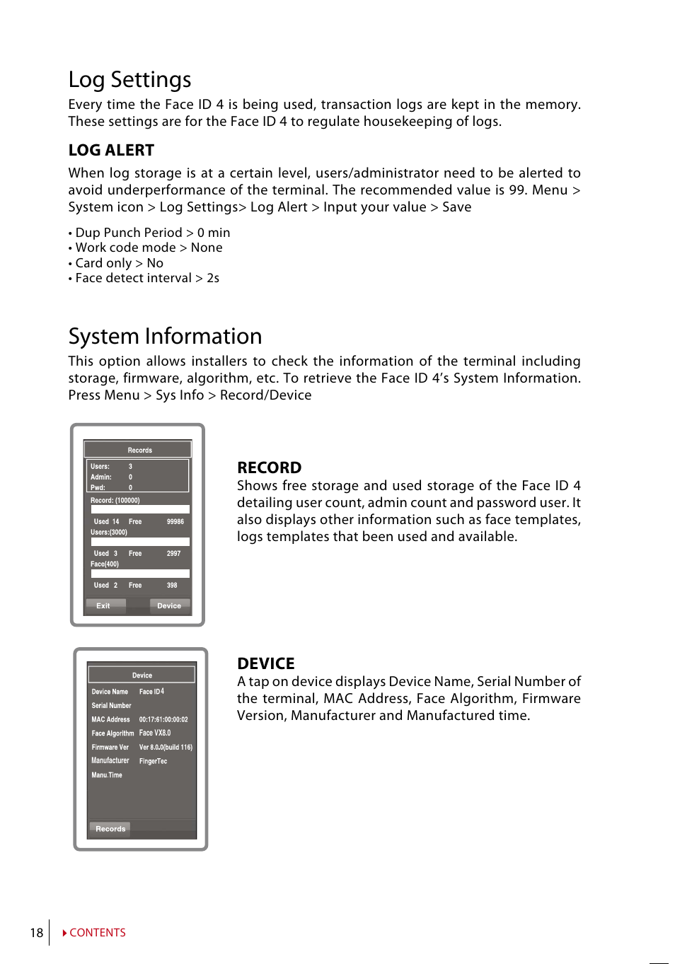 Log settings, System information, Log alert | Record, Device | FingerTec Face ID 4 Manual User Manual | Page 18 / 28