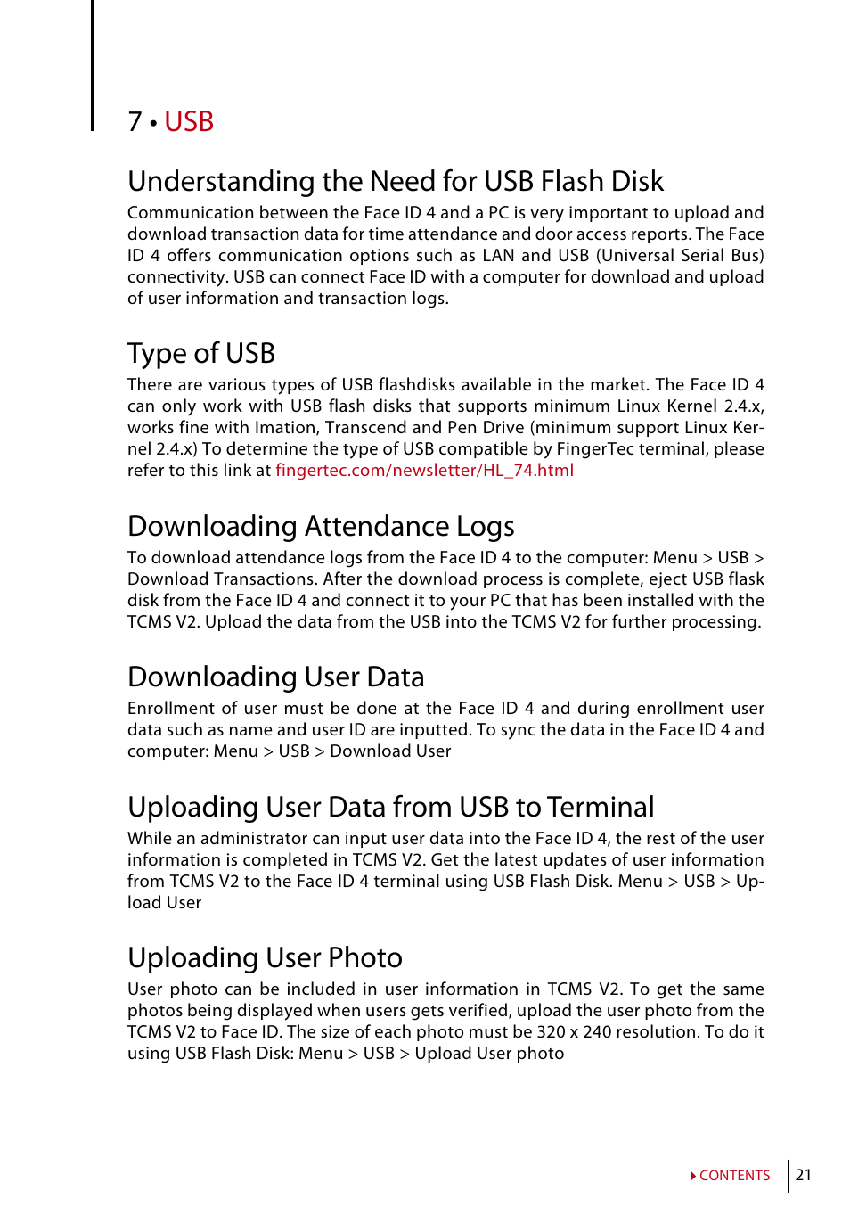 Understanding the need for usb flash disk, Type of usb, Downloading attendance logs | Downloading user data, Uploading user data from usb to terminal, Uploading user photo | FingerTec Face ID 4 Manual User Manual | Page 21 / 28