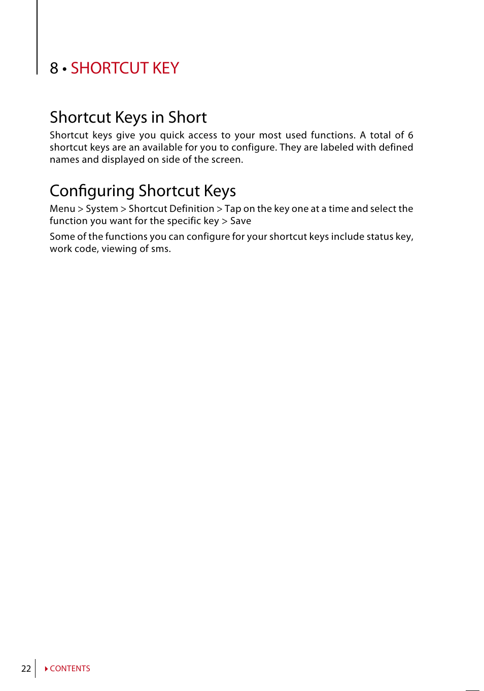 8 • shortcut key, Shortcut keys in short, Configuring shortcut keys | FingerTec Face ID 4 Manual User Manual | Page 22 / 28