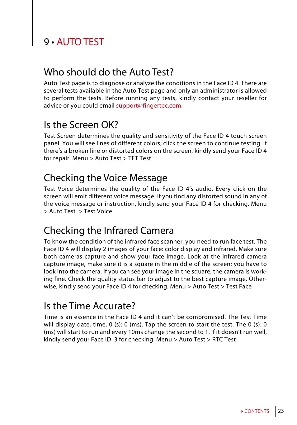 9 • auto test, Who should do the auto test, Is the screen ok | Checking the voice message, Checking the infrared camera, Is the time accurate | FingerTec Face ID 4 Manual User Manual | Page 23 / 28