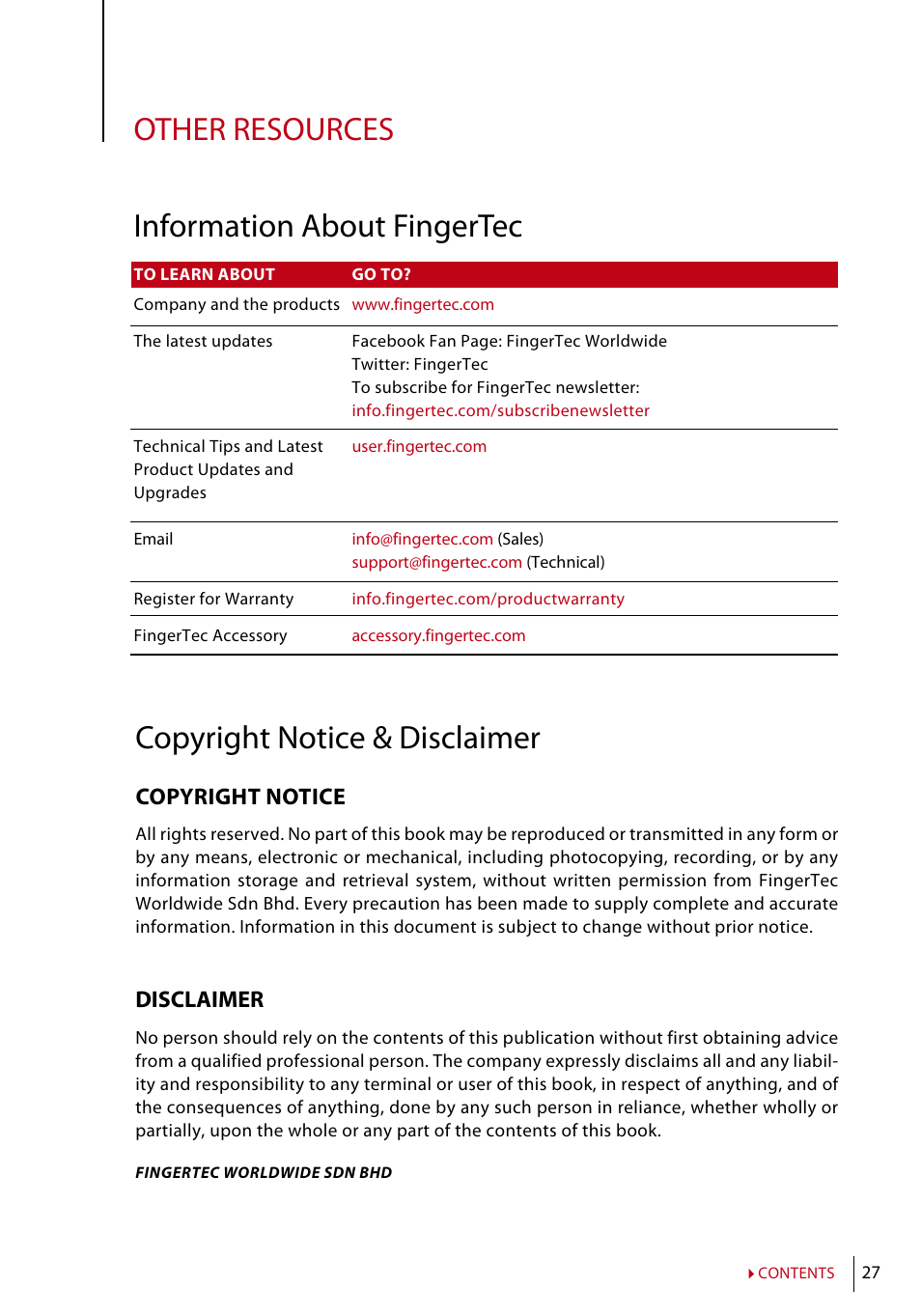Other resources, Information about fingertec, Copyright notice & disclaimer | Copyright notice, Disclaimer | FingerTec Face ID 4 Manual User Manual | Page 27 / 28