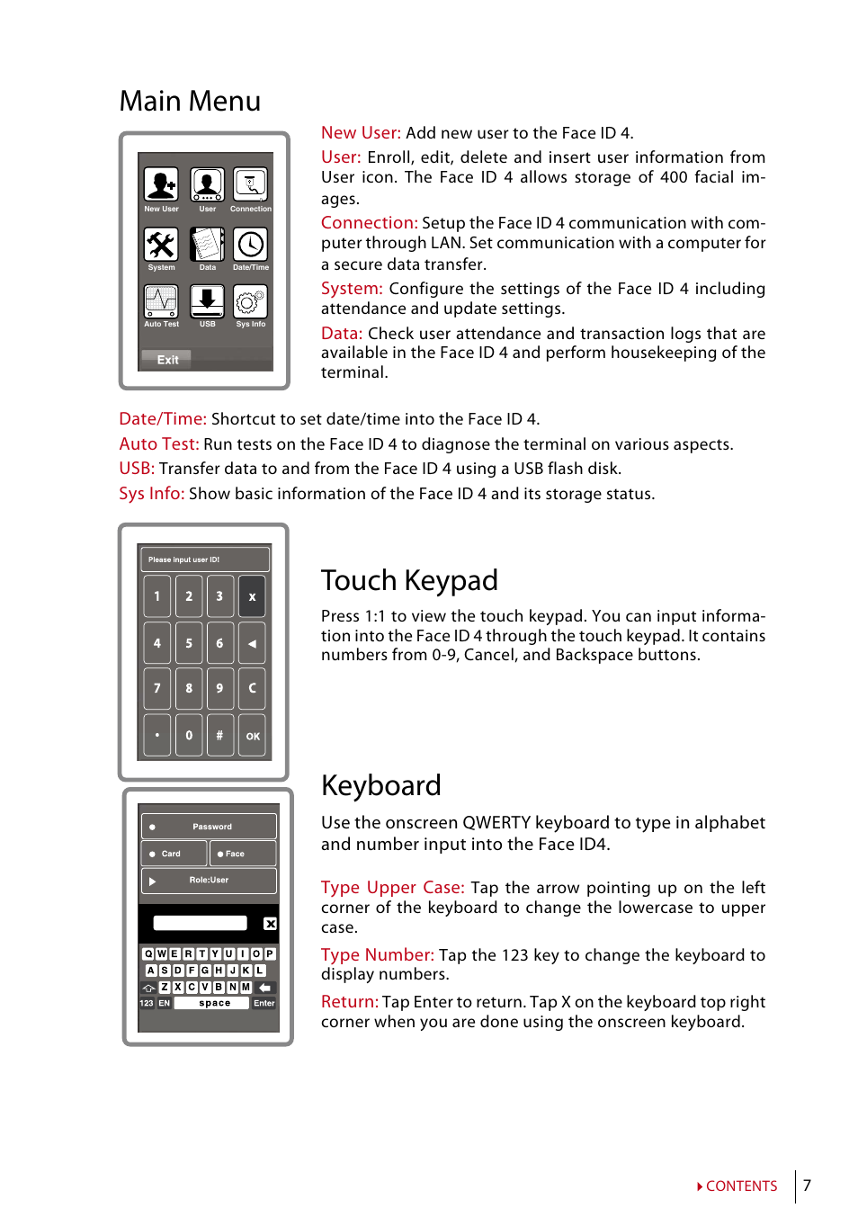 Main menu, Touch keypad, Keyboard | FingerTec Face ID 4 Manual User Manual | Page 7 / 28