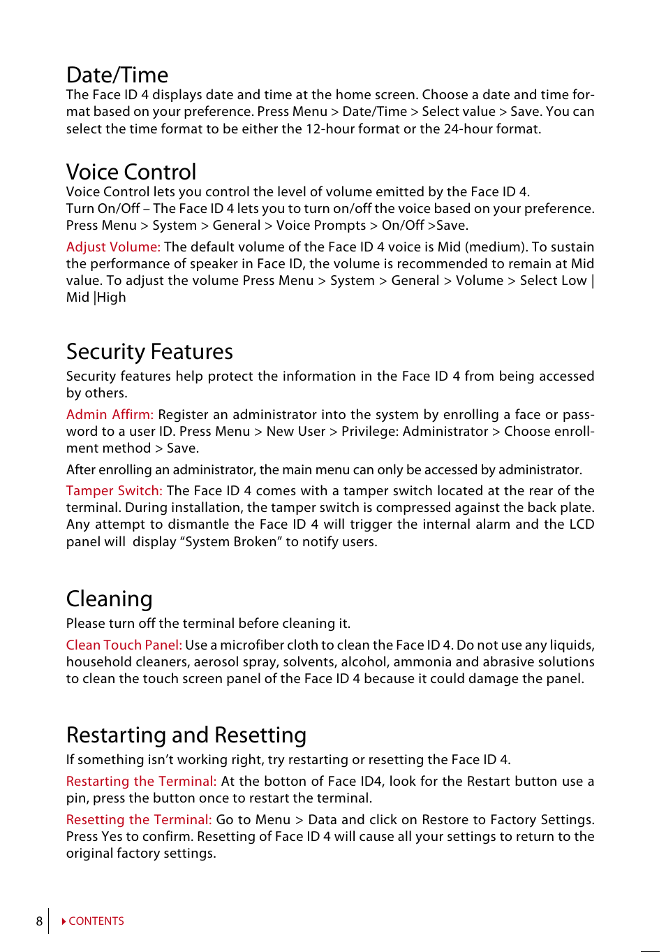 Date/time, Voice control, Security features | Cleaning, Restarting and resetting | FingerTec Face ID 4 Manual User Manual | Page 8 / 28