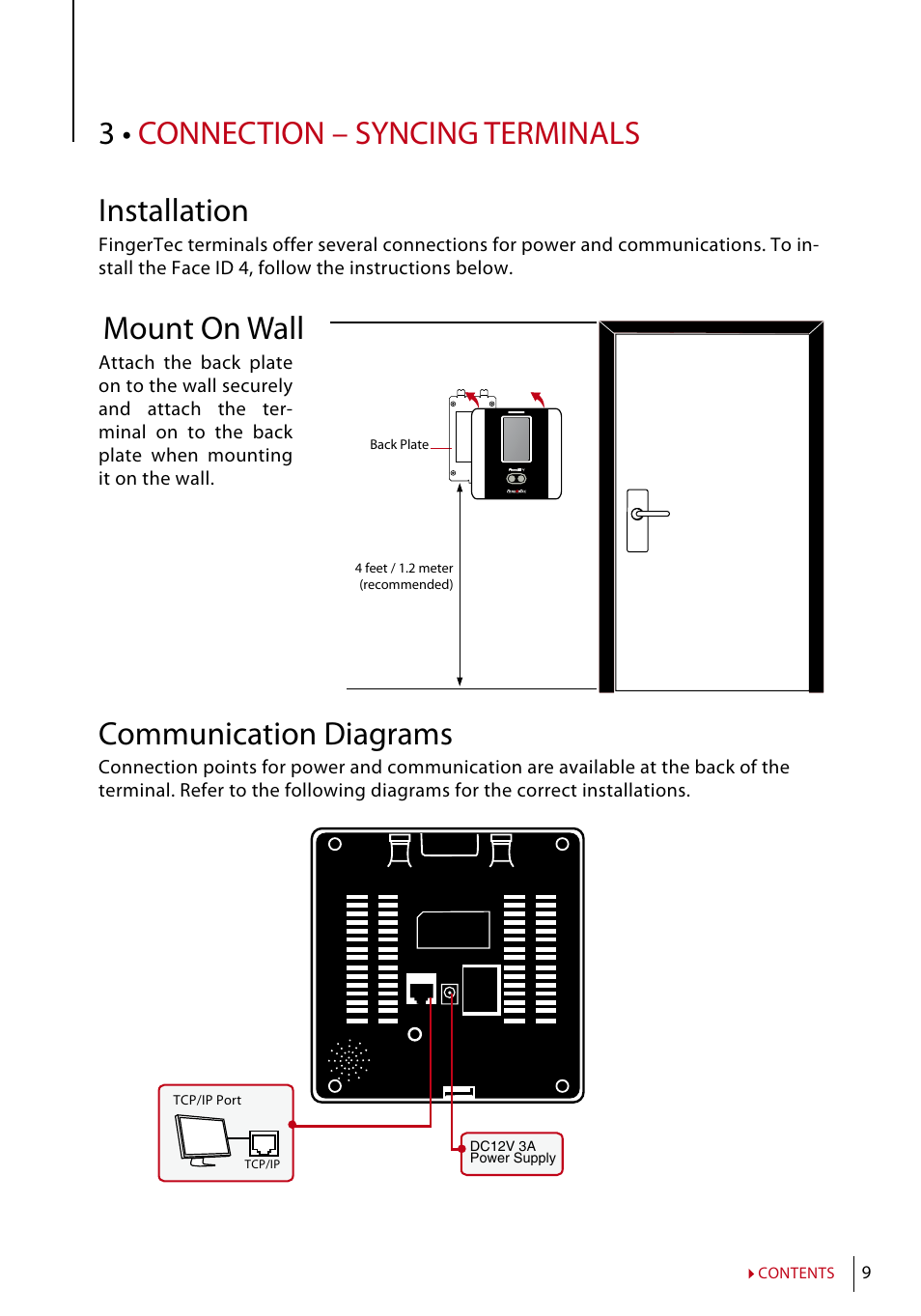 Connection – syncing terminals installation, Mount on wall, Communication diagrams | FingerTec Face ID 4 Manual User Manual | Page 9 / 28