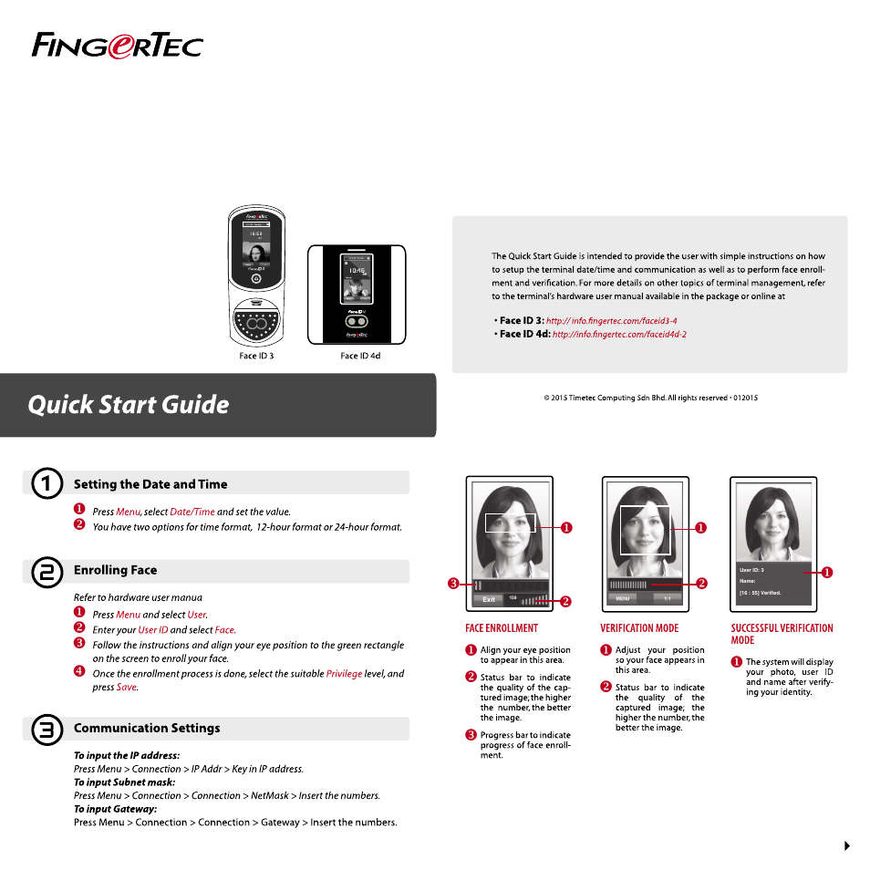 FingerTec Face ID 4 Quick Start User Manual | 2 pages