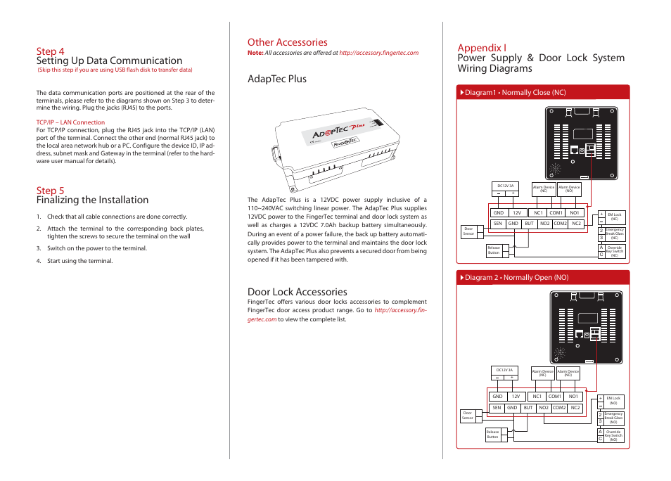 Step 4 setting up data communication, Step 5 finalizing the installation, Other accessories | Adaptec plus, Door lock accessories | FingerTec Face ID 4 Installation Guide User Manual | Page 2 / 3