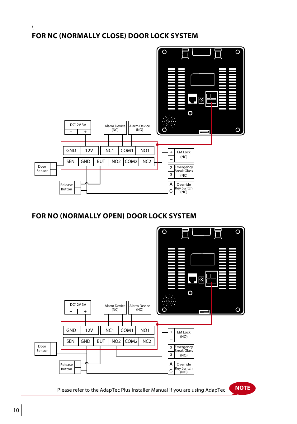 For nc (normally close) door lock system, For no (normally open) door lock system | FingerTec Face ID 4d User Manual | Page 10 / 30