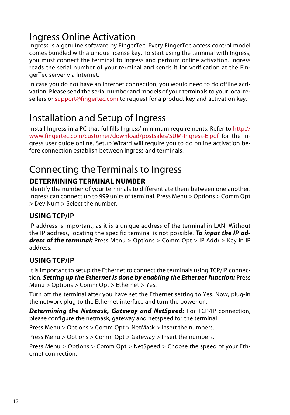Ingress online activation, Installation and setup of ingress, Connecting the terminals to ingress | FingerTec Face ID 4d User Manual | Page 12 / 30