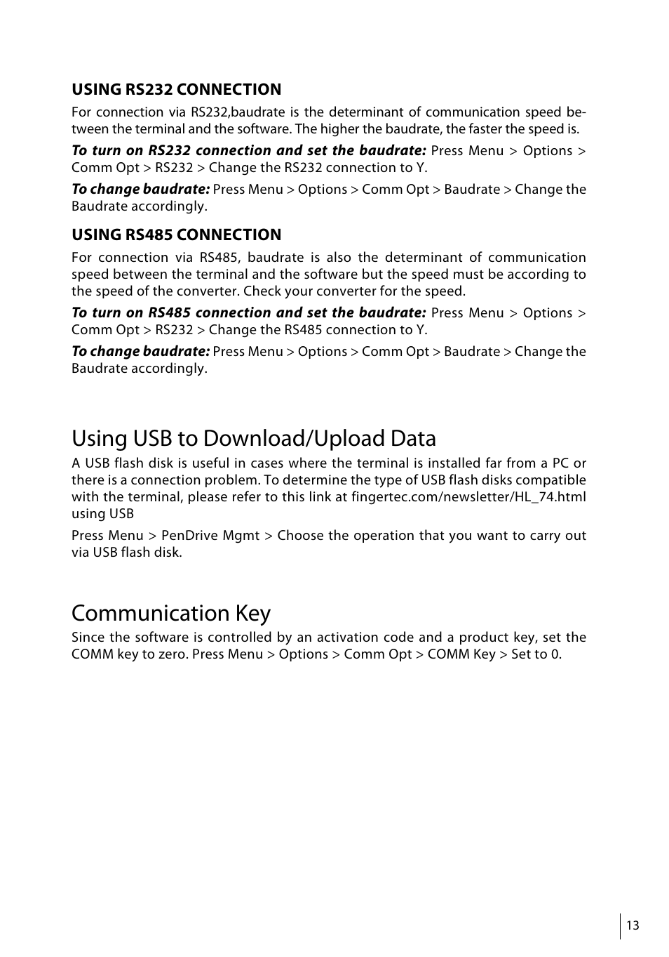 Using usb to download/upload data, Communication key | FingerTec Face ID 4d User Manual | Page 13 / 30