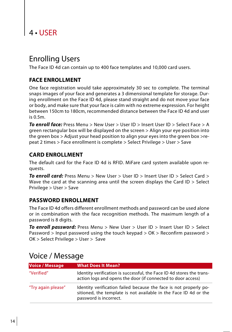 User enrolling users, Voice / message | FingerTec Face ID 4d User Manual | Page 14 / 30
