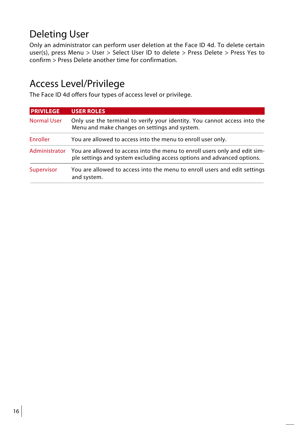 Deleting user, Access level/privilege | FingerTec Face ID 4d User Manual | Page 16 / 30