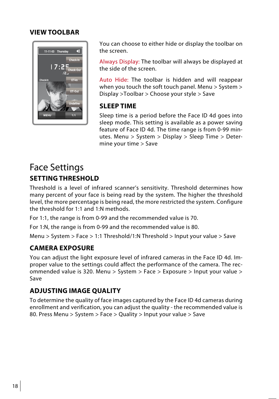 Face settings | FingerTec Face ID 4d User Manual | Page 18 / 30