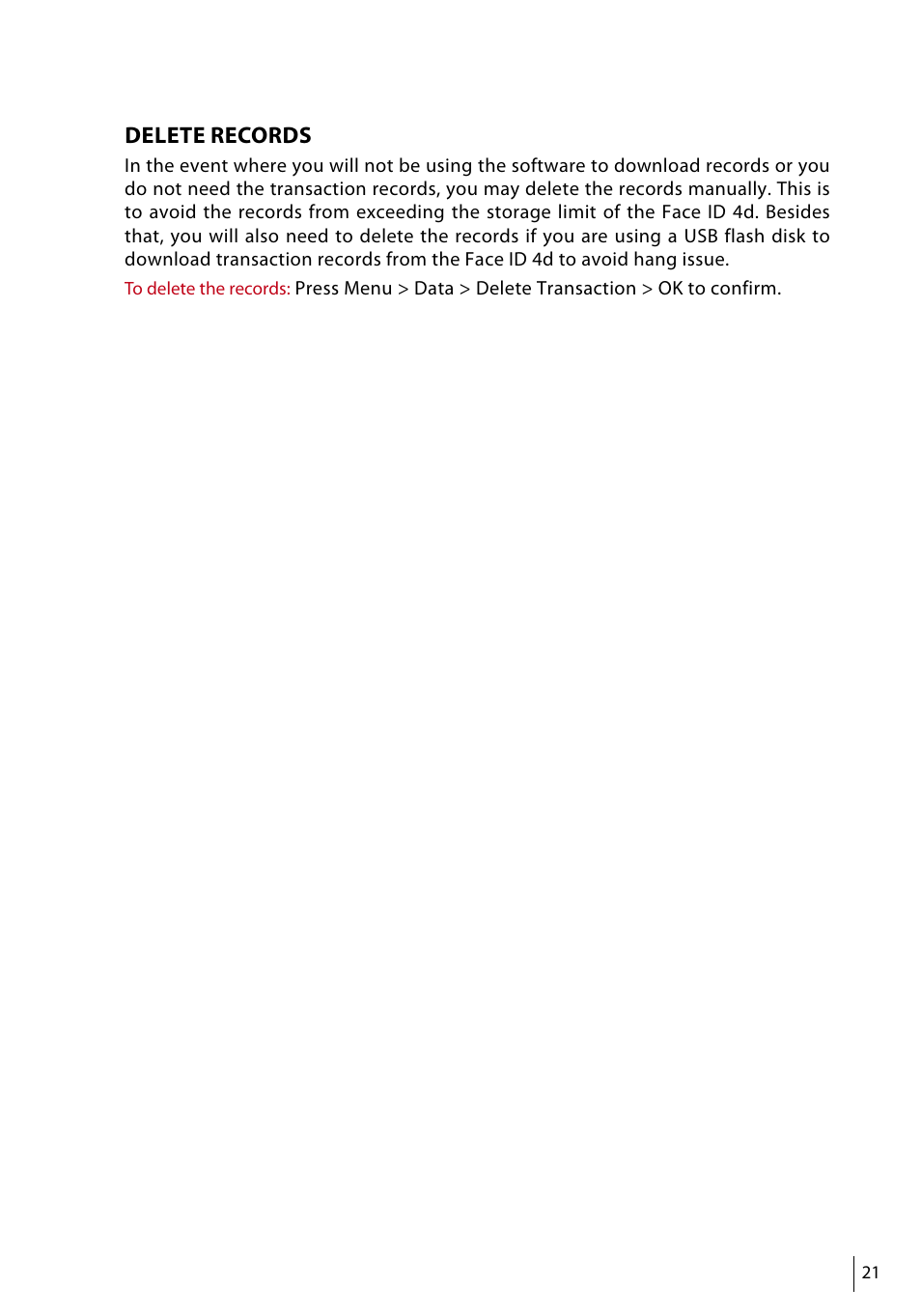 Delete records | FingerTec Face ID 4d User Manual | Page 21 / 30