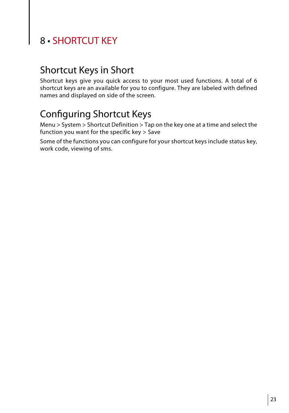 Shortcut key, Shortcut keys in short, Configuring shortcut keys | FingerTec Face ID 4d User Manual | Page 23 / 30