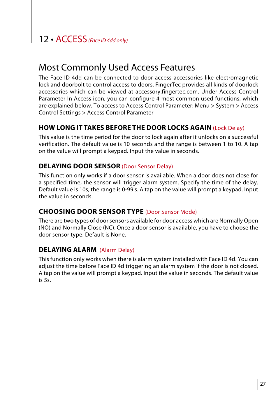 12 • access, Most commonly used access features | FingerTec Face ID 4d User Manual | Page 27 / 30