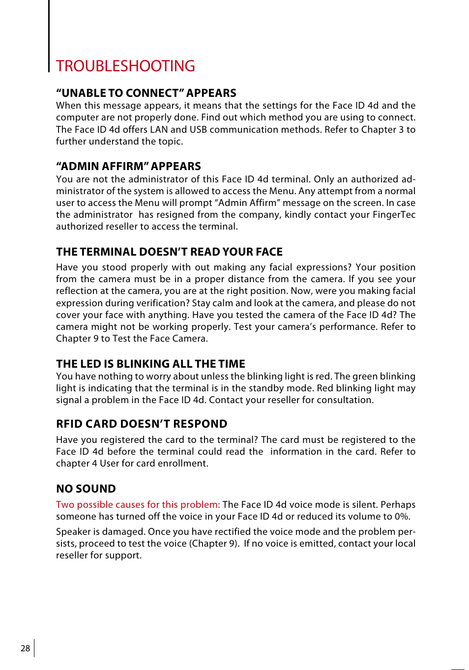 Troubleshooting | FingerTec Face ID 4d User Manual | Page 28 / 30