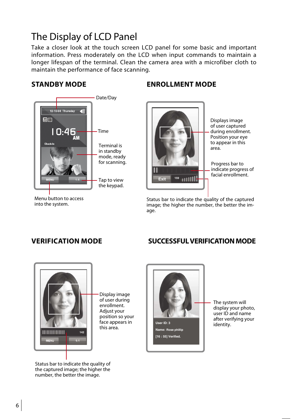 The display of lcd panel | FingerTec Face ID 4d User Manual | Page 6 / 30