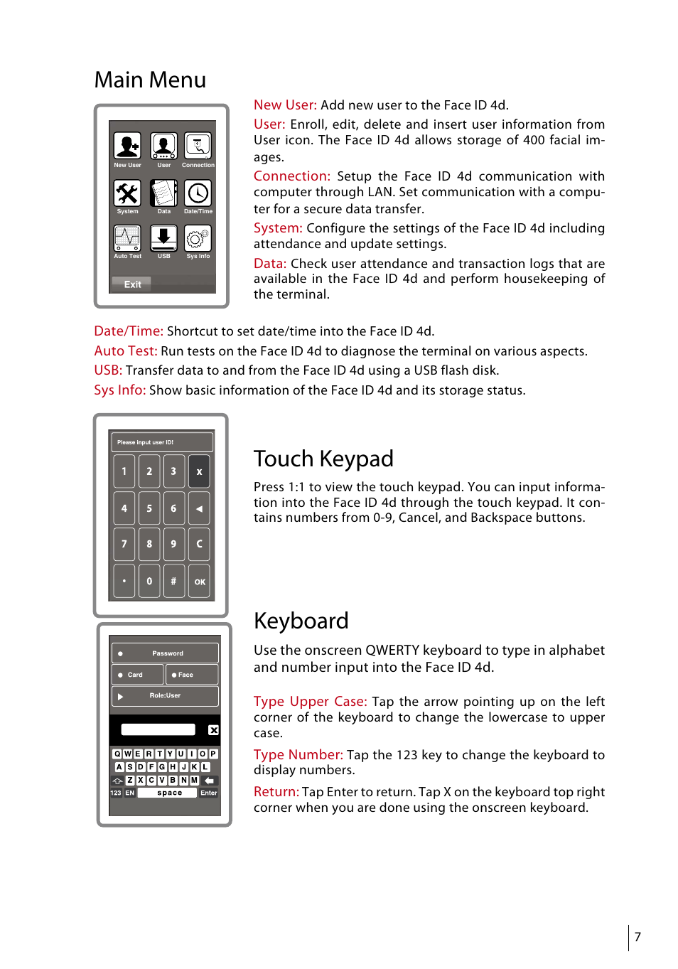 Main menu, Touch keypad, Keyboard | FingerTec Face ID 4d User Manual | Page 7 / 30