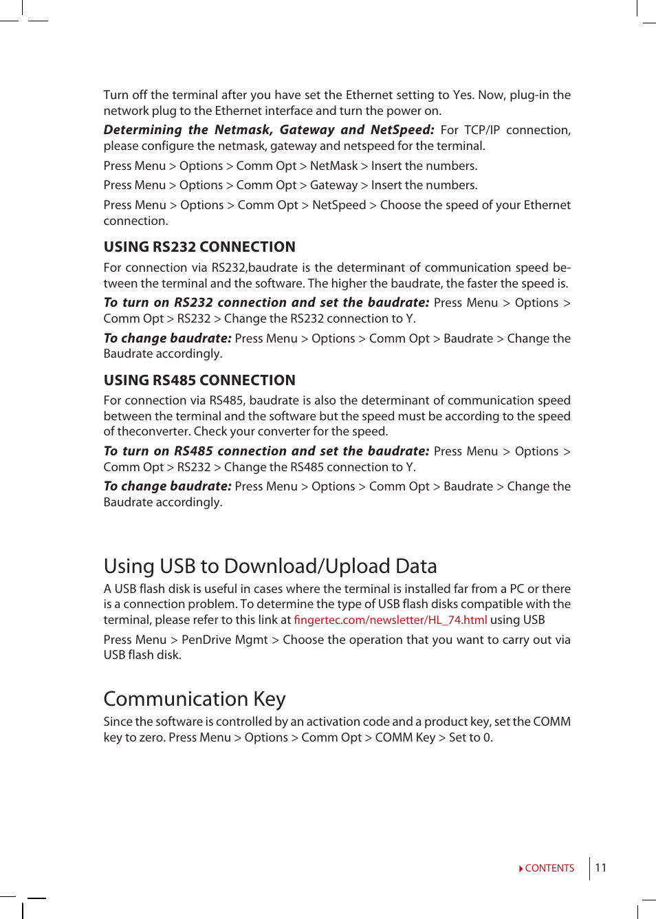Using usb to download/upload data, Communication key | FingerTec TimeLine 100 Manual User Manual | Page 11 / 24