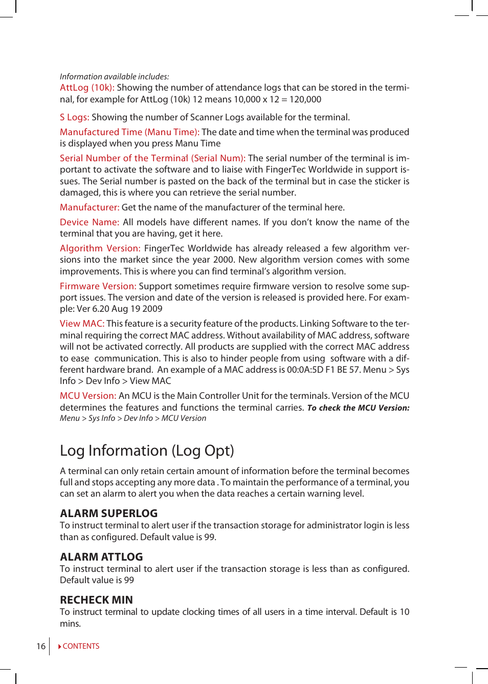 Log information (log opt) | FingerTec TimeLine 100 Manual User Manual | Page 16 / 24