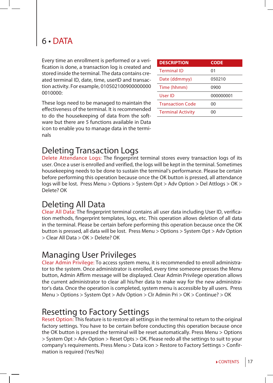 Chapter 6 • data, Deleting transaction logs, Deleting all data | Managing user privileges, Resetting to factory settings, 6 • data | FingerTec TimeLine 100 Manual User Manual | Page 17 / 24