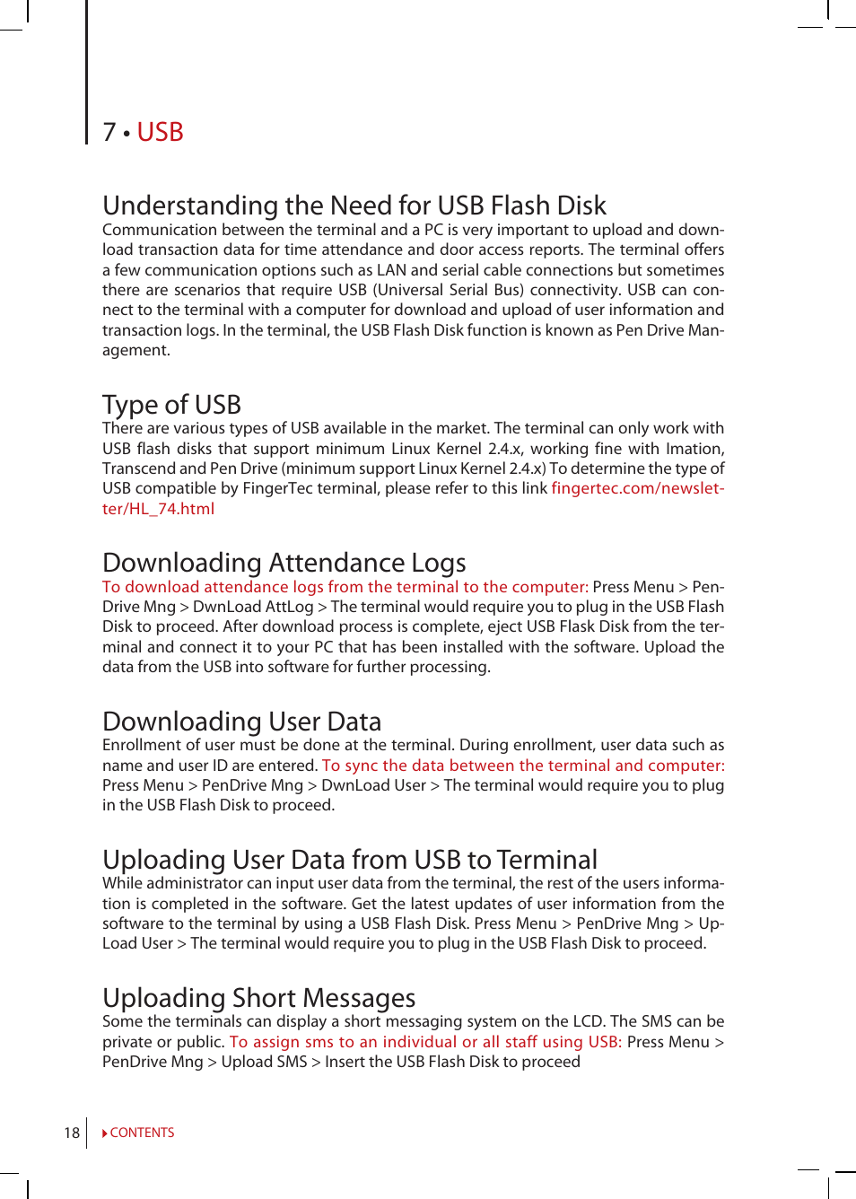 Chapter 7 • usb, Understanding the need for usb flash disk, Type of usb | Downloading attendance logs, Downloading user data, Uploading user data from usb to terminal, Uploading short messages, 7 • usb understanding the need for usb flash disk | FingerTec TimeLine 100 Manual User Manual | Page 18 / 24