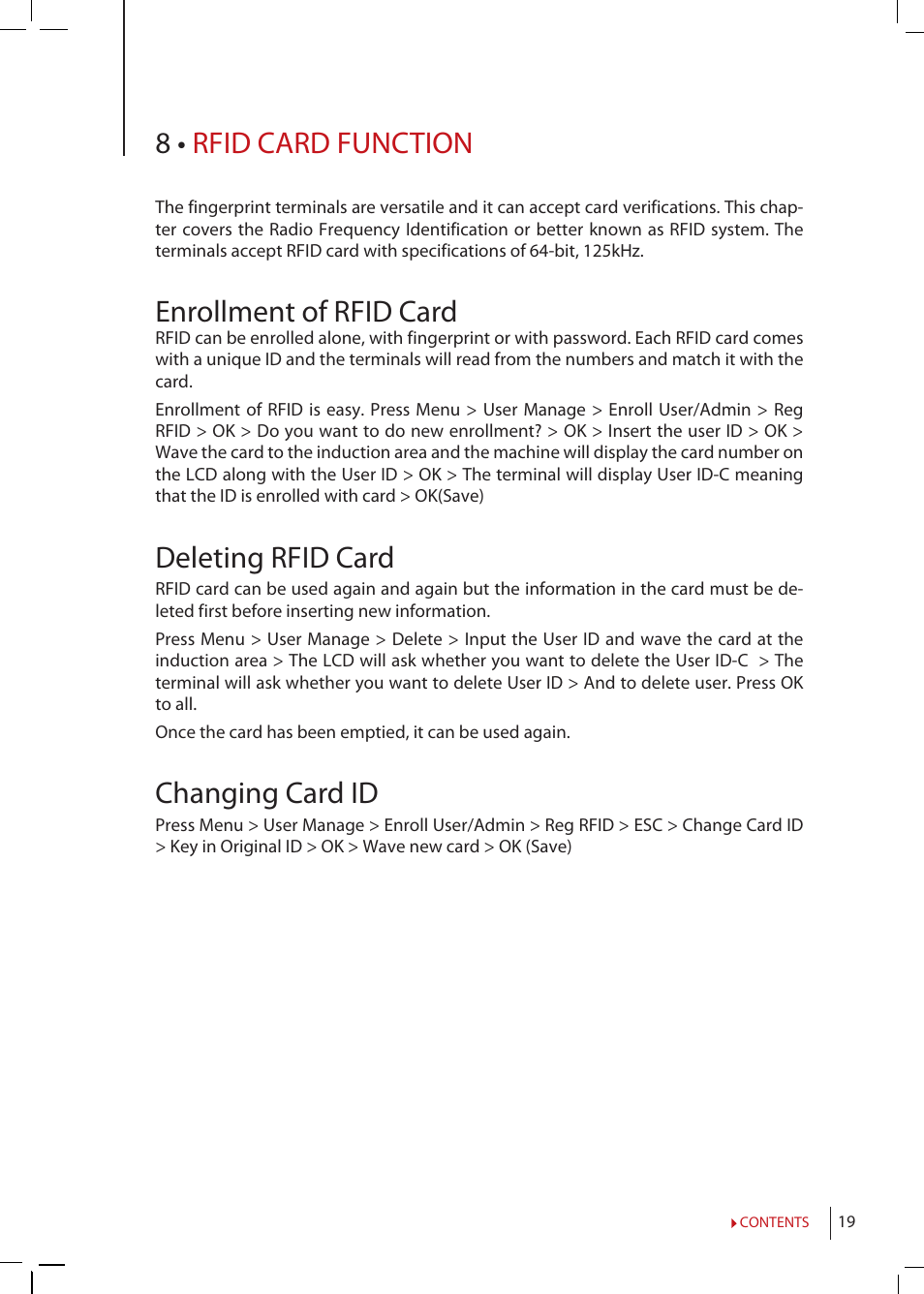 Chapter 8, Rfid card function, Enrollment of rfid card | Deleting rfid card, Changing card id, 8 • rfid card function | FingerTec TimeLine 100 Manual User Manual | Page 19 / 24