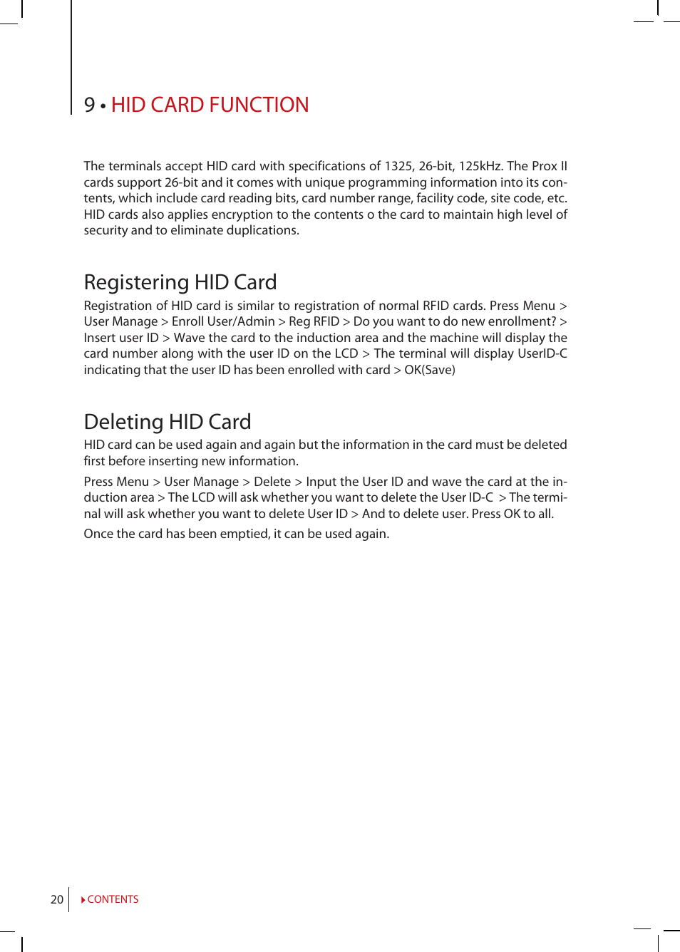 Chapter 9, Hid card function, Registering hid card | Deleting hid card, 9 • hid card function | FingerTec TimeLine 100 Manual User Manual | Page 20 / 24