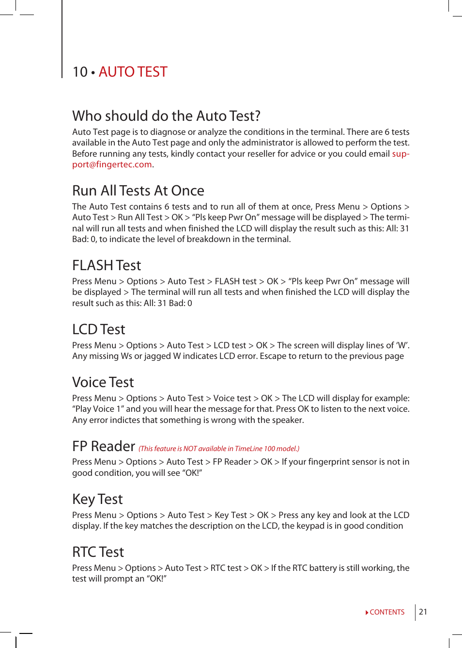 Chapter 10 • auto test, Who should do the auto test, Run all tests at once | Flash, Test, Voice, Reader, 10 • auto test who should do the auto test, Flash test, Lcd test | FingerTec TimeLine 100 Manual User Manual | Page 21 / 24