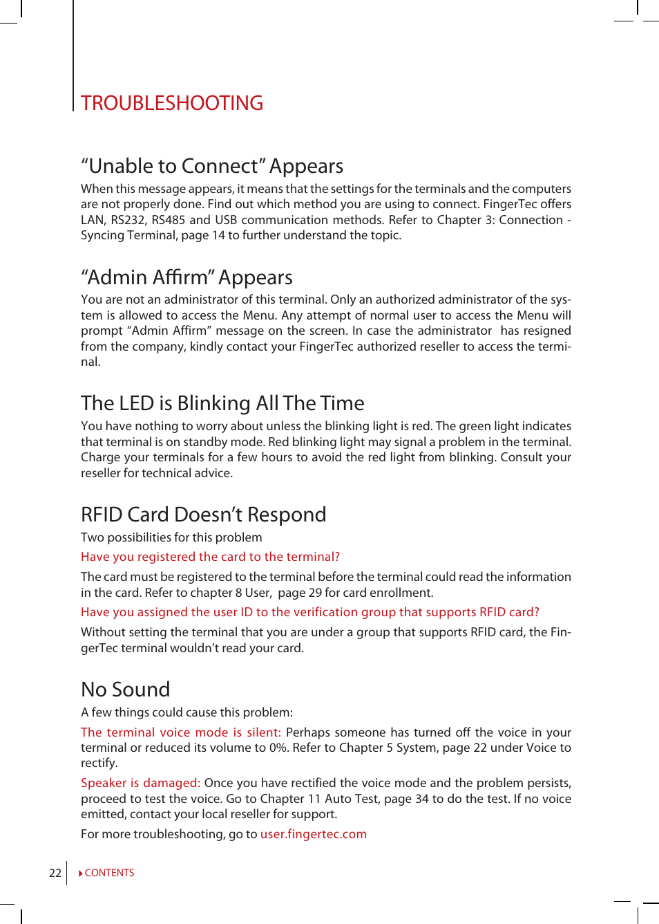 Troubleshooting, Troubleshooting “unable to connect” appears, Admin affi rm” appears | The led is blinking all the time, Rfid card doesn’t respond, No sound | FingerTec TimeLine 100 Manual User Manual | Page 22 / 24