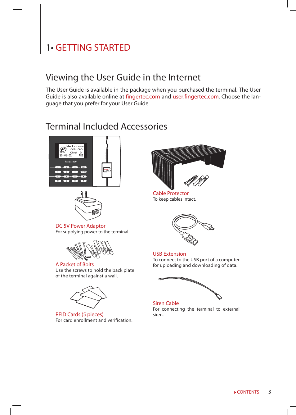 Chapter 1 • getting started, Viewing the user guide in the internet, Terminal included accessories | Included printed materials, Activating, Terminal, Registering | FingerTec TimeLine 100 Manual User Manual | Page 3 / 24