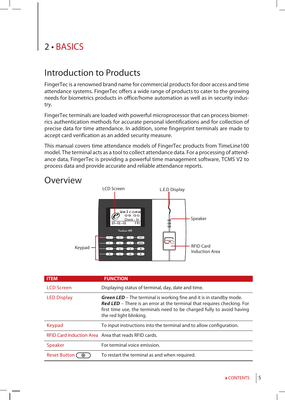 Chapter 2 • basics, Cleaning terminal, Restarting and resetting terminal | 2 • basics introduction to products, Overview | FingerTec TimeLine 100 Manual User Manual | Page 5 / 24