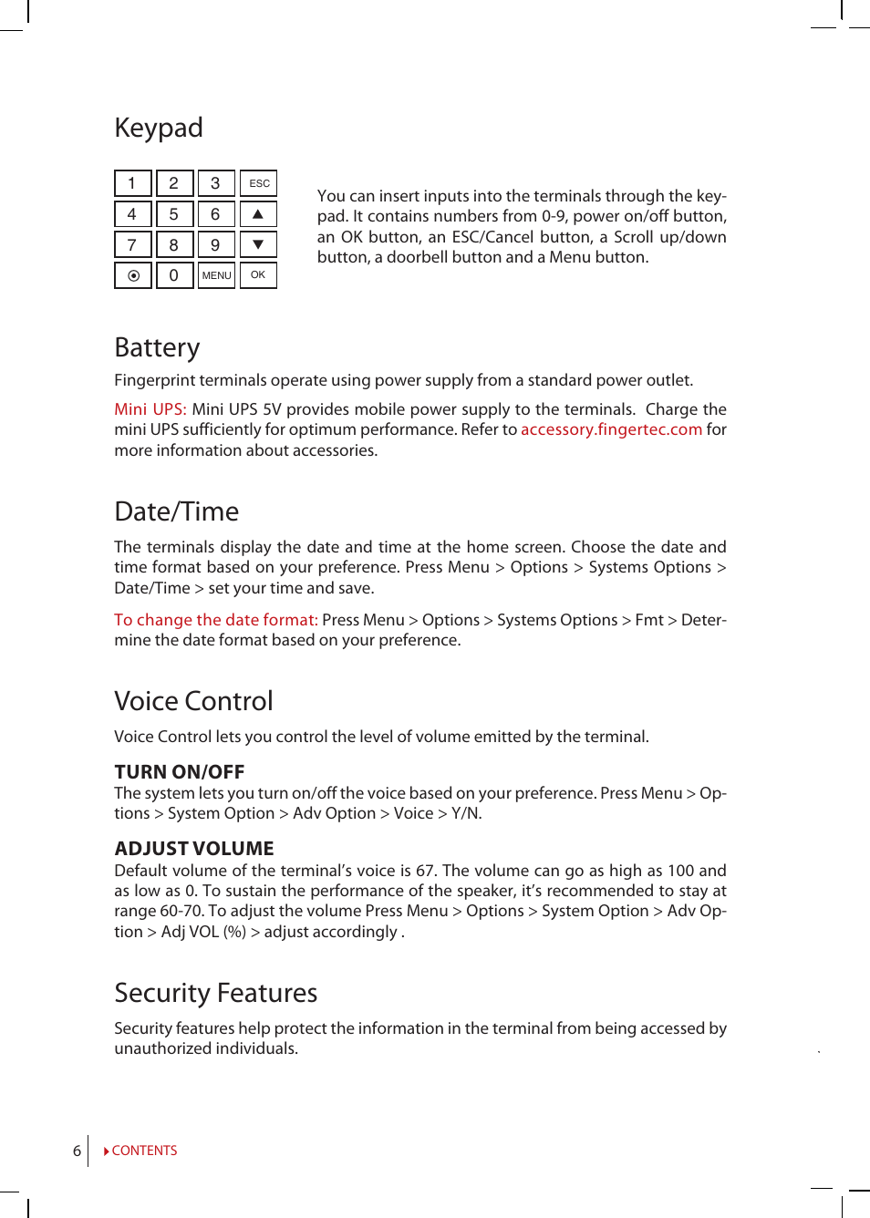Keypad, Battery, Date/time | Voice control, Security features | FingerTec TimeLine 100 Manual User Manual | Page 6 / 24